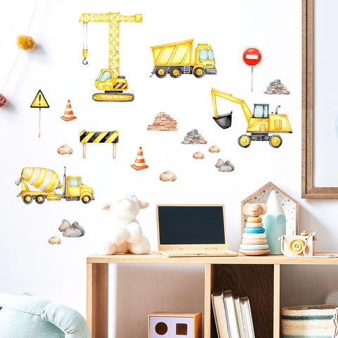 Autocollants Muraux Véhicules De Construction Aquarelle PVC Amovible Pelleteuse Grue Décor Pour Chambre D'enfant