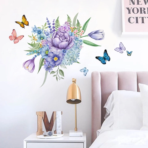 Wall Stickers PVC Self Adhesive Watercolor Purple Peony Flower Butterfly Floral Pattern For Living Room Bedroom Decor