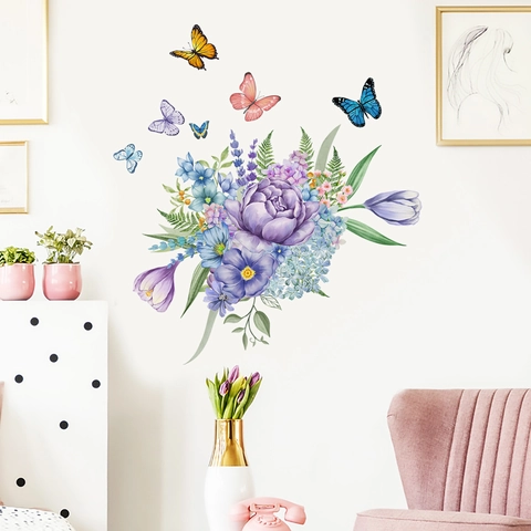 Wall Stickers PVC Self Adhesive Watercolor Purple Peony Flower Butterfly Floral Pattern For Living Room Bedroom Decor
