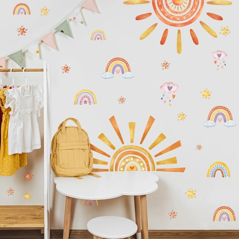Boho Aquarell Sonne Regenbogen Stern Wandaufkleber PVC Abnehmbare Dekoration Für Kinderzimmer