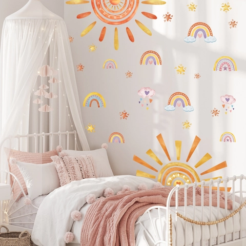 Boho Aquarell Sonne Regenbogen Stern Wandaufkleber PVC Abnehmbare Dekoration Für Kinderzimmer