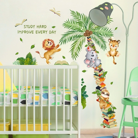 Adesivi Murali Animali Cartoni Animati Palma Citazione Ispiratrice Study Hard Cameretta Bambini Biblioteca Educativo PVC Murale
