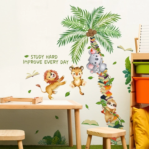 Cartoon Forest Animals Coconut Tree Wall Stickers Educational Slogan Study Hard Books PVC Kids Room Nursery Wall Decals