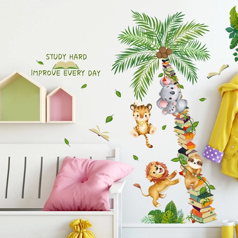 Cartoon Forest Animals Coconut Tree Wall Stickers Educational Slogan Study Hard Books PVC Kids Room Nursery Wall Decals