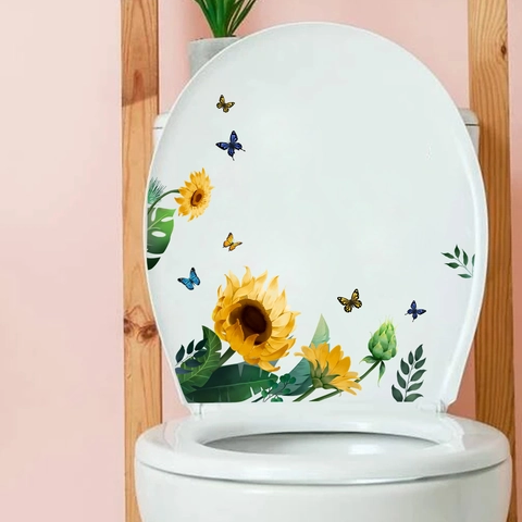 Adesivo per Sedile del Gabinetto con Girasoli e Farfalle Impermeabile in PVC Decalcomania da Parete per Bagno Decorazione Casa