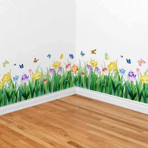 Stickers Muraux Tulipe Fleur Papillon PVC Imperméable Autocollant Pour Décoration De Plinthe Salon Chambre