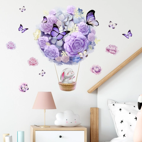 Adesivi Murali Acquerello Fiore Mongolfiera Coniglio Farfalla PVC Autoadesivo Per Decorazione Camera Dei Bambini