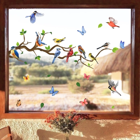 Pegatinas de Ventana Con Pájaros Y Mariposas De Colores En Ramas De Árbol Adherencia Estática Calcomanías PVC Cristal