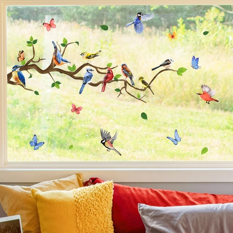 Pegatinas de Ventana Con Pájaros Y Mariposas De Colores En Ramas De Árbol Adherencia Estática Calcomanías PVC Cristal