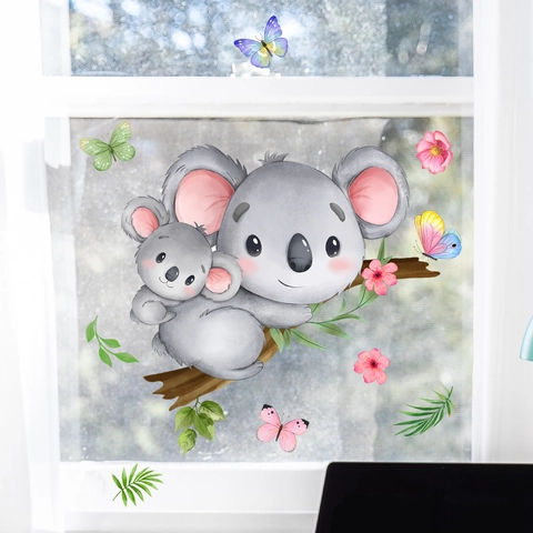 Koala Mother And Child Window Stickers PVC Static Glass Decals Watercolor Animals Branches Butterflies Flowers For Nursery Home Decor