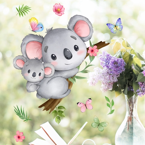 Koala Mother And Child Window Stickers PVC Static Glass Decals Watercolor Animals Branches Butterflies Flowers For Nursery Home Decor