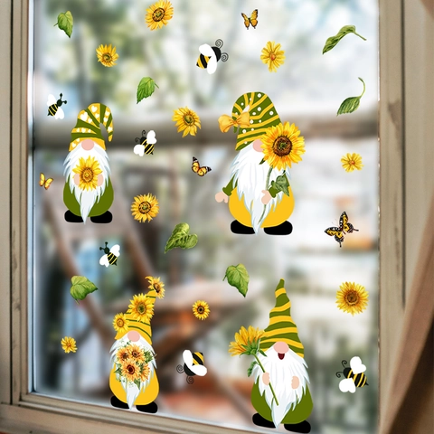 Sunflower Gnome Wall Stickers PVC Window Clings Summer Garden Decorative Decals For Home Glass Living Room