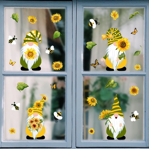 Sunflower Gnome Wall Stickers PVC Window Clings Summer Garden Decorative Decals For Home Glass Living Room