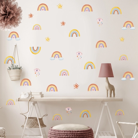 Boho Regenboog Muurstickers PVC Aquarel Ster Wolk Stickers Voor Kinderkamer Slaapkamer Woonkamer Decoratie