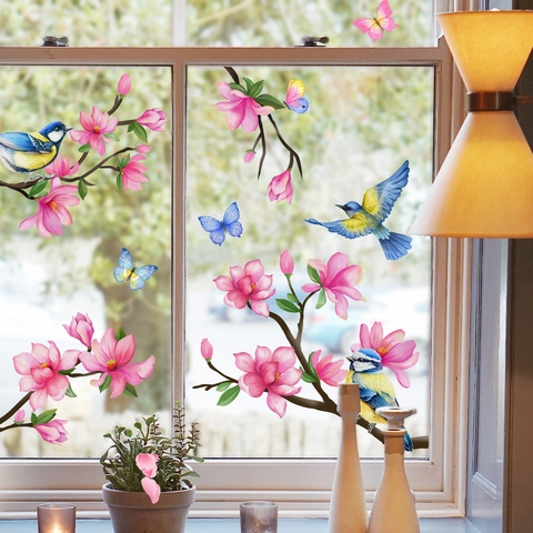 Fensteraufkleber Statisch Haftend PVC Vogel Blumen Schmetterling Abziehbilder Abnehmbar Glastür Dekoration