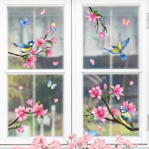 Fensteraufkleber Statisch Haftend PVC Vogel Blumen Schmetterling Abziehbilder Abnehmbar Glastür Dekoration