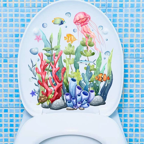 Pegatina de Pared de PVC de Mundo Oceánico Criaturas Marinas Medusa Coral Pez Calcomanía de Tapa de Inodoro para Decoración