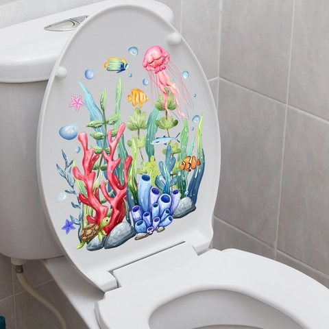 Autocollant De Couvercle De Toilettes Monde Sous-Marin PVC Étanche Aquarelle Méduse Corail Poissons Tropicaux Décor De Salle De Bain