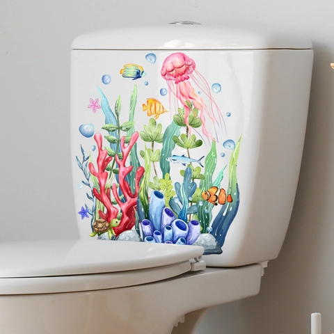 Pegatina de Pared de PVC de Mundo Oceánico Criaturas Marinas Medusa Coral Pez Calcomanía de Tapa de Inodoro para Decoración