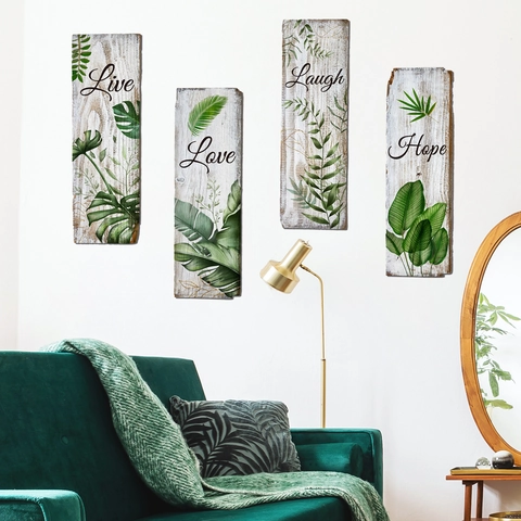 Stickers Muraux en PVC Feuilles de Palmier Monstera Tropicale Live Love Laugh Hope Style Grain de Bois Art Mural pour Décoration Maison