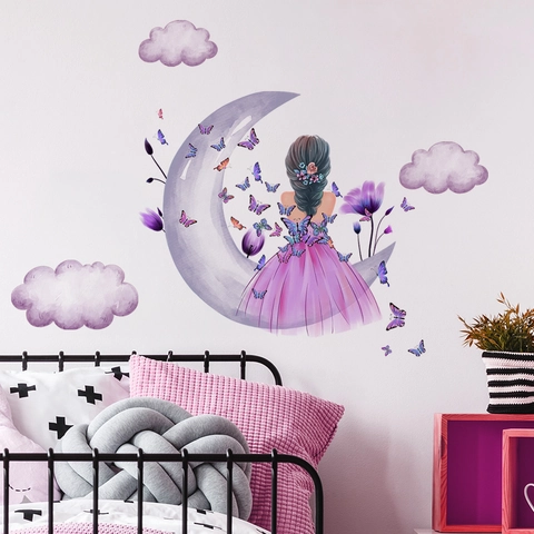 Dreamy Moon Girl Sitting On Purple Moon Wall Sticker PVC Watercolor Butterfly Floral Wall Decal For Kids Room Nursery Decor