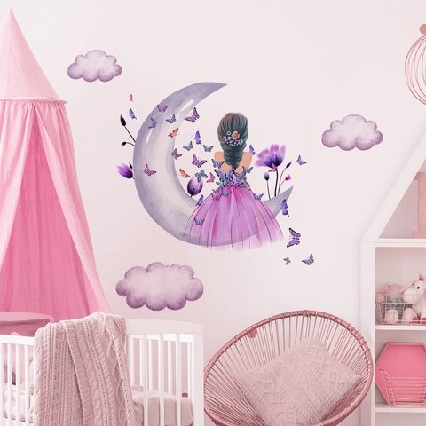 Dreamy Moon Girl Sitting On Purple Moon Wall Sticker PVC Watercolor Butterfly Floral Wall Decal For Kids Room Nursery Decor
