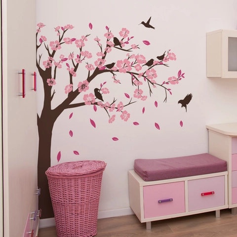 Pink Cherry Blossom Tree Wall Stickers DIY PVC Removable Floral Mural With Birds For Living Room Bedroom Home Wall Decoration