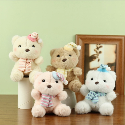 Soft Plush Teddy Bear Toy Striped Hat And Scarf Stuffed Animal Keychain Pendant Cute Bag Hanging Decoration Gift
