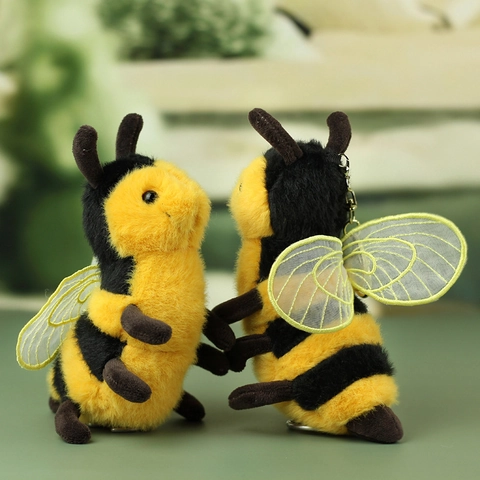 Cute Plush Bee Keychain Bag Charm With Mesh Wings Gold Embroidery Soft Stuffed Animal Toy For Women Girls Bag Decoration