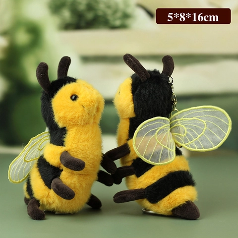 Cute Plush Bee Keychain Bag Charm With Mesh Wings Gold Embroidery Soft Stuffed Animal Toy For Women Girls Bag Decoration