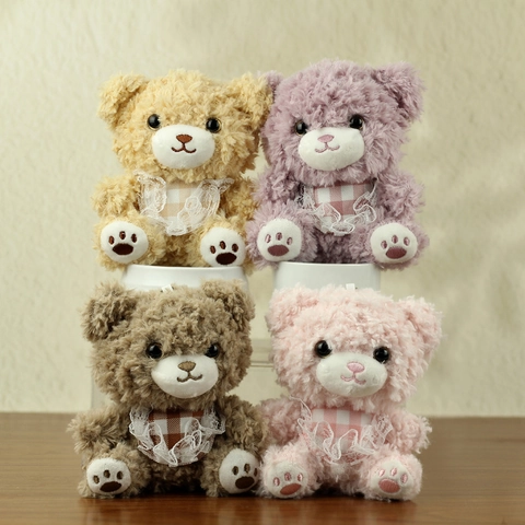 Cute Plush Teddy Bear Bunny Doll Keychain Pendant Soft Cartoon Animal Bag Decoration With Lace Checkered Bib For Kids Students