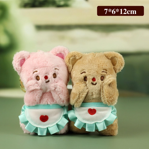 Cute Plush Bear Keychain Soft Stuffed Toy With Green Ruffle Apron Heart Embroidery Bag Hanging Decor For Women Girls Gift