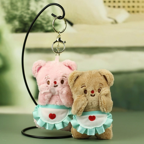 Cute Plush Bear Keychain Soft Stuffed Toy With Green Ruffle Apron Heart Embroidery Bag Hanging Decor For Women Girls Gift