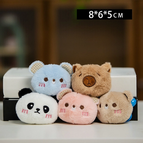 Cute Cartoon Plush Animal Head Keychain Bag Charm Soft Stuffed Panda Bear Capybara Pendant With Bell Plastic Hook For Backpack Accessory Kawaii Gift