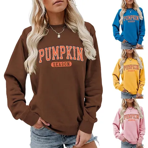 Sweat-shirt Femmes Mélange Coton Manches Longues Col Rond Imprimé Pumpkin Season Automne Décontracté Rétro Style Varsity Halloween