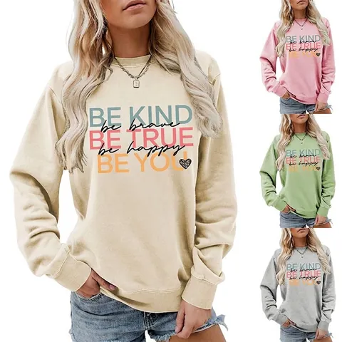 Women Casual Pullover Sweatshirt Cotton Blend Long Sleeve Crewneck Letter Print Loose Fit Top Autumn Winter Fashion Apparel