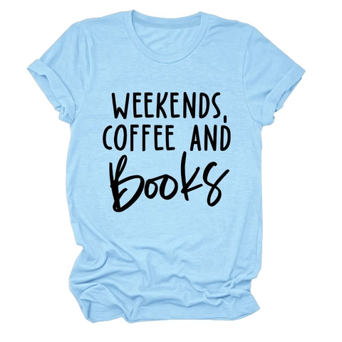 Dames Casual Katoenmix Ronde Hals Korte Mouw T-Shirt Weekends Coffee And Books Letterprint Knoopzoom Zomertop
