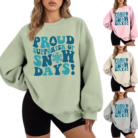 Felpa Girocollo Donna Misto Cotone Comoda Maniche Lunghe Spalle Cadenti Stampa Grafica Giorni Di Neve Pullover