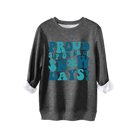 Felpa Girocollo Donna Misto Cotone Comoda Maniche Lunghe Spalle Cadenti Stampa Grafica Giorni Di Neve Pullover