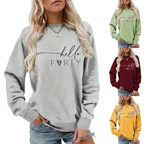 Damen Sweatshirt Mit Rundhalsausschnitt Hello Forty Herz Print Langarm Casual Baumwollmischung Pullover
