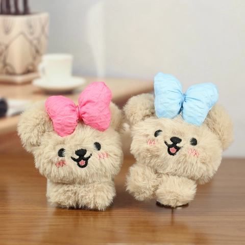 Cute Plush Teddy Bear Keychain With Bowknot Soft Kawaii Bear Head Bag Charm For Backpack Hanging Decoration