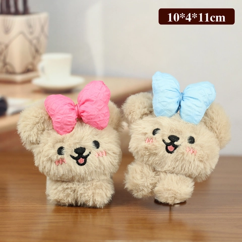 Cute Plush Teddy Bear Keychain With Bowknot Soft Kawaii Bear Head Bag Charm For Backpack Hanging Decoration