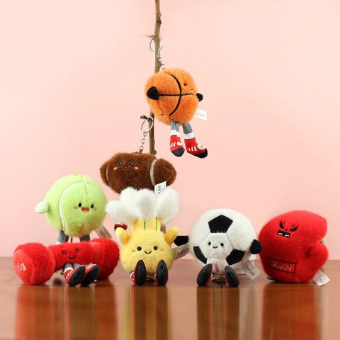 Porte-Clés en Peluche de Ballon de Sport de Dessin Animé Basketball Football Tennis Rugby Gant de Boxe Haltère Cadeau