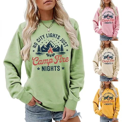 Felpa da Donna American Vintage con Grafica Camping Girocollo in Misto Cotone Manica Lunga Stampa Montagna e Falò Top Casual Outdoor