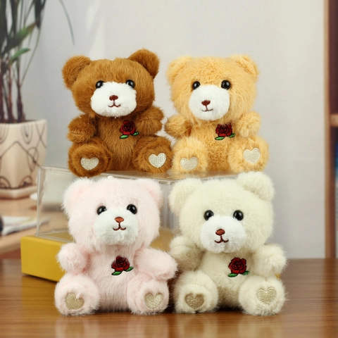 Cute Mini Plush Teddy Bear Keychain With Red Rose Embroidery And Heart Paw For School Bag Backpack Pendant Gift For Girls Women