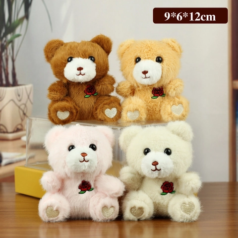 Cute Mini Plush Teddy Bear Keychain With Red Rose Embroidery And Heart Paw For School Bag Backpack Pendant Gift For Girls Women