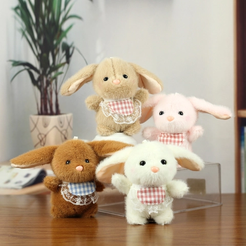 Cute Long Ear Rabbit Plush Toy Keychain Mini Bunny Doll Pendant With Plaid Lace Bib For Bag Decoration Birthday Gift Women Kids