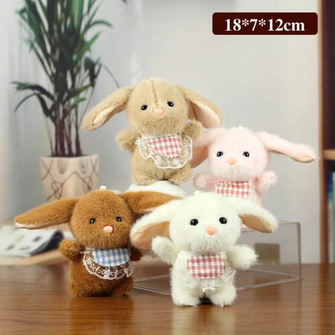Cute Long Ear Rabbit Plush Toy Keychain Mini Bunny Doll Pendant With Plaid Lace Bib For Bag Decoration Birthday Gift Women Kids