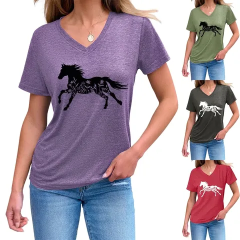 Women V Neck T Shirt Cotton Blend Horse Floral Print Short Sleeve Loose Casual Side Knot Hem Pullover Tee Top