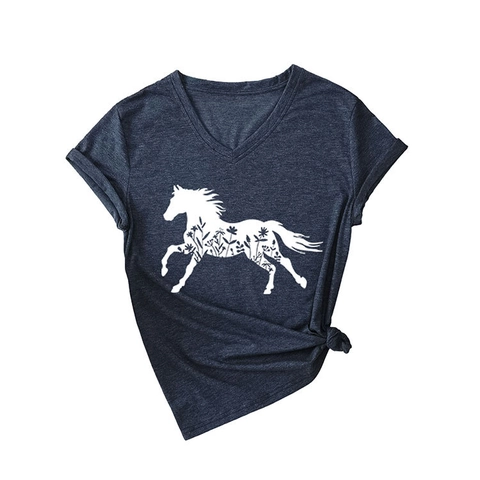 Women V Neck T Shirt Cotton Blend Horse Floral Print Short Sleeve Loose Casual Side Knot Hem Pullover Tee Top